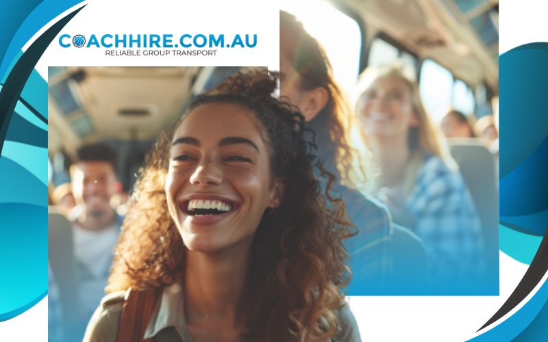 Employees excitedly boarding a coach in summer wear, team building transport, June 2024, Australia